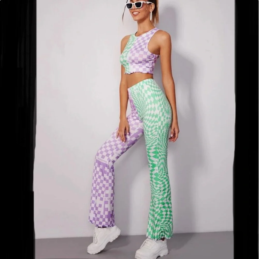 🏃🏽‍♀️🛼Checkered & Letter Print Tank Top & Pants Set🛹⛸ Boutique New 12(L)🛼 - Picture 5 of 6